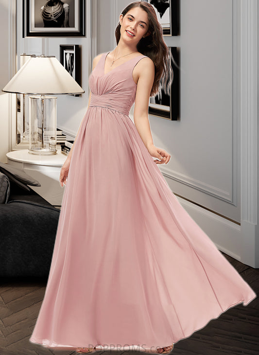 Val A-Line V-neck Floor-Length Chiffon Bridesmaid Dress With Ruffle PP6P0013266