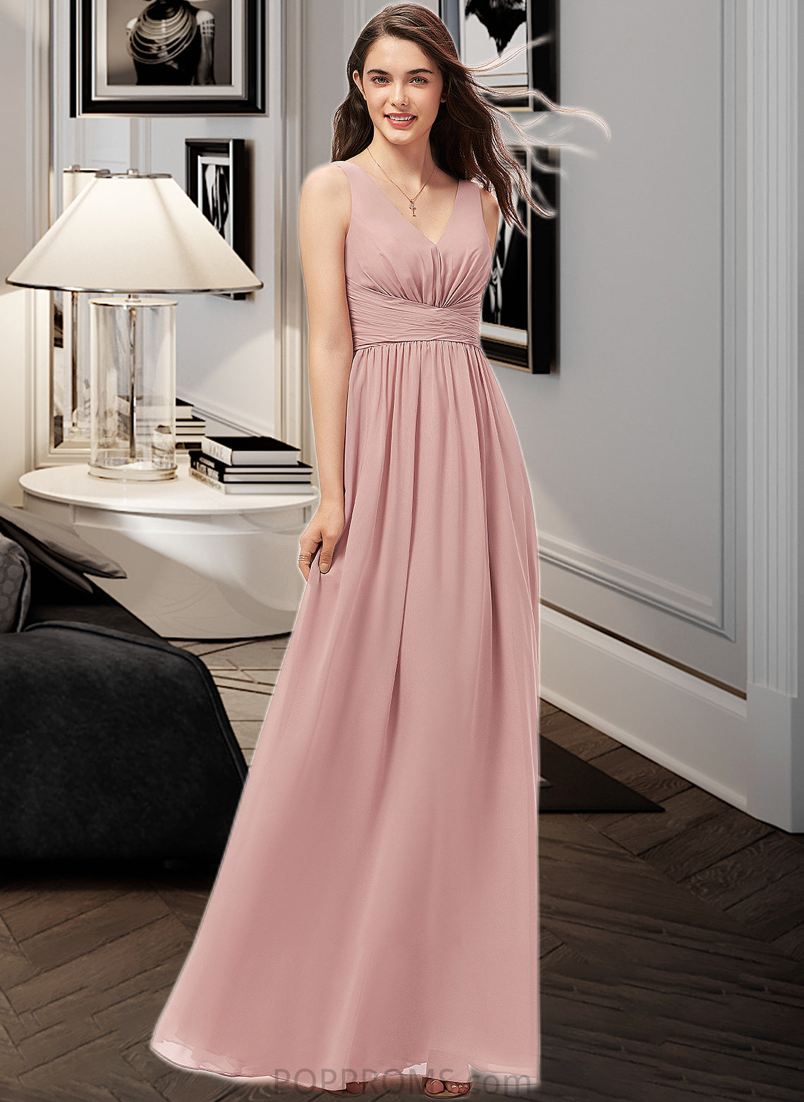 Val A-Line V-neck Floor-Length Chiffon Bridesmaid Dress With Ruffle PP6P0013266