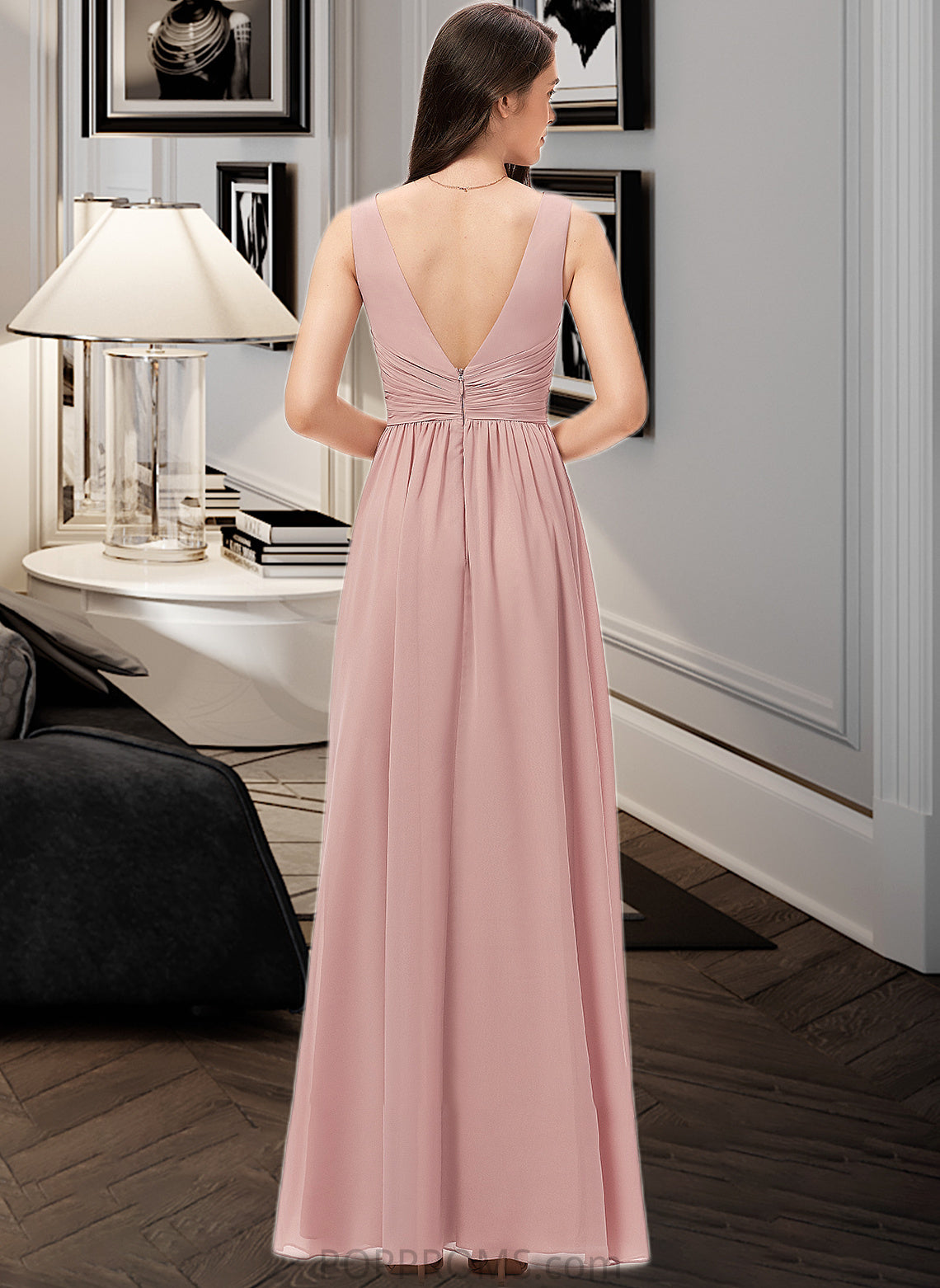 Val A-Line V-neck Floor-Length Chiffon Bridesmaid Dress With Ruffle PP6P0013266