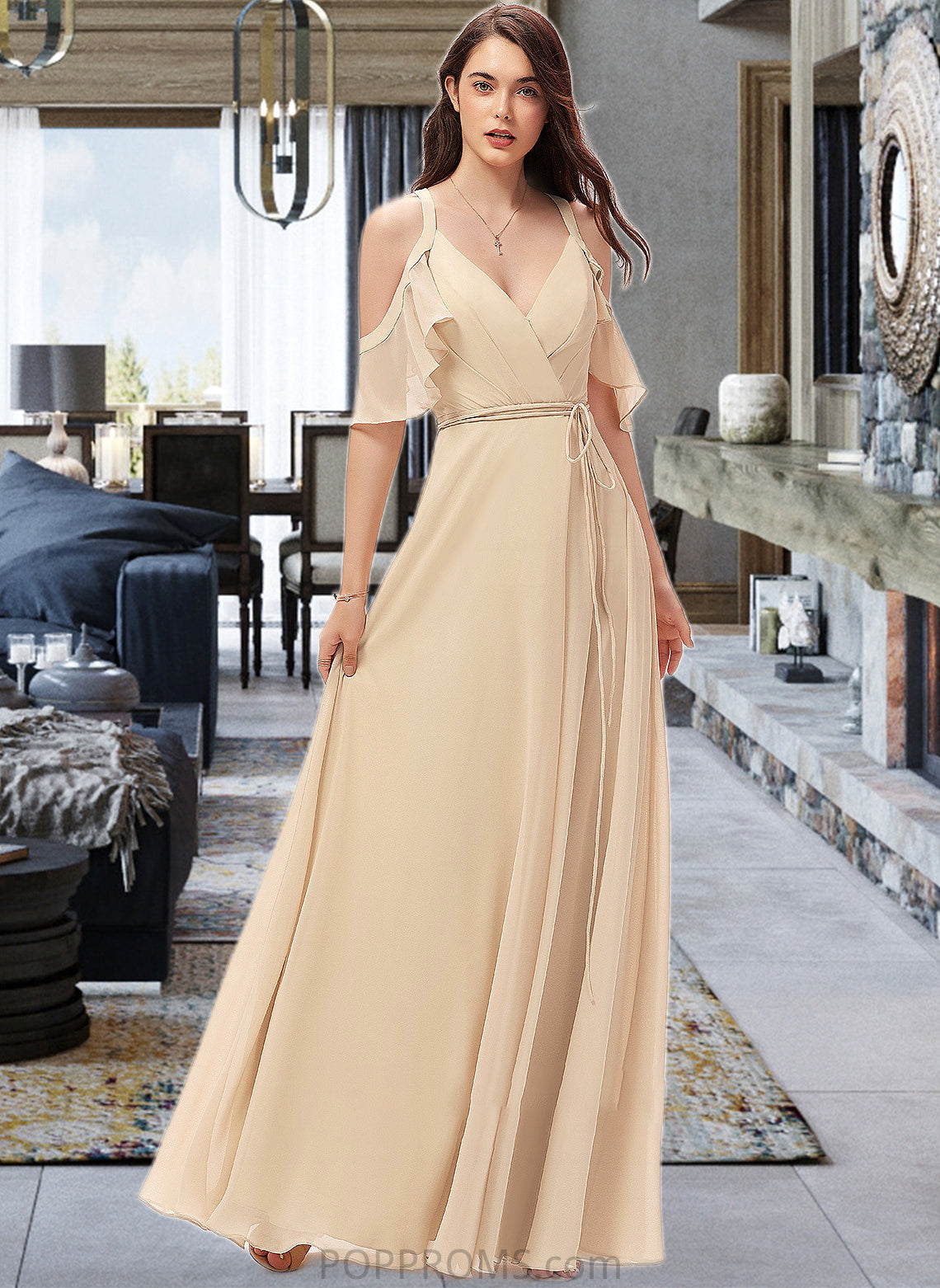 Abigail A-Line V-neck Floor-Length Chiffon Bridesmaid Dress With Ruffle Split Front PP6P0013267