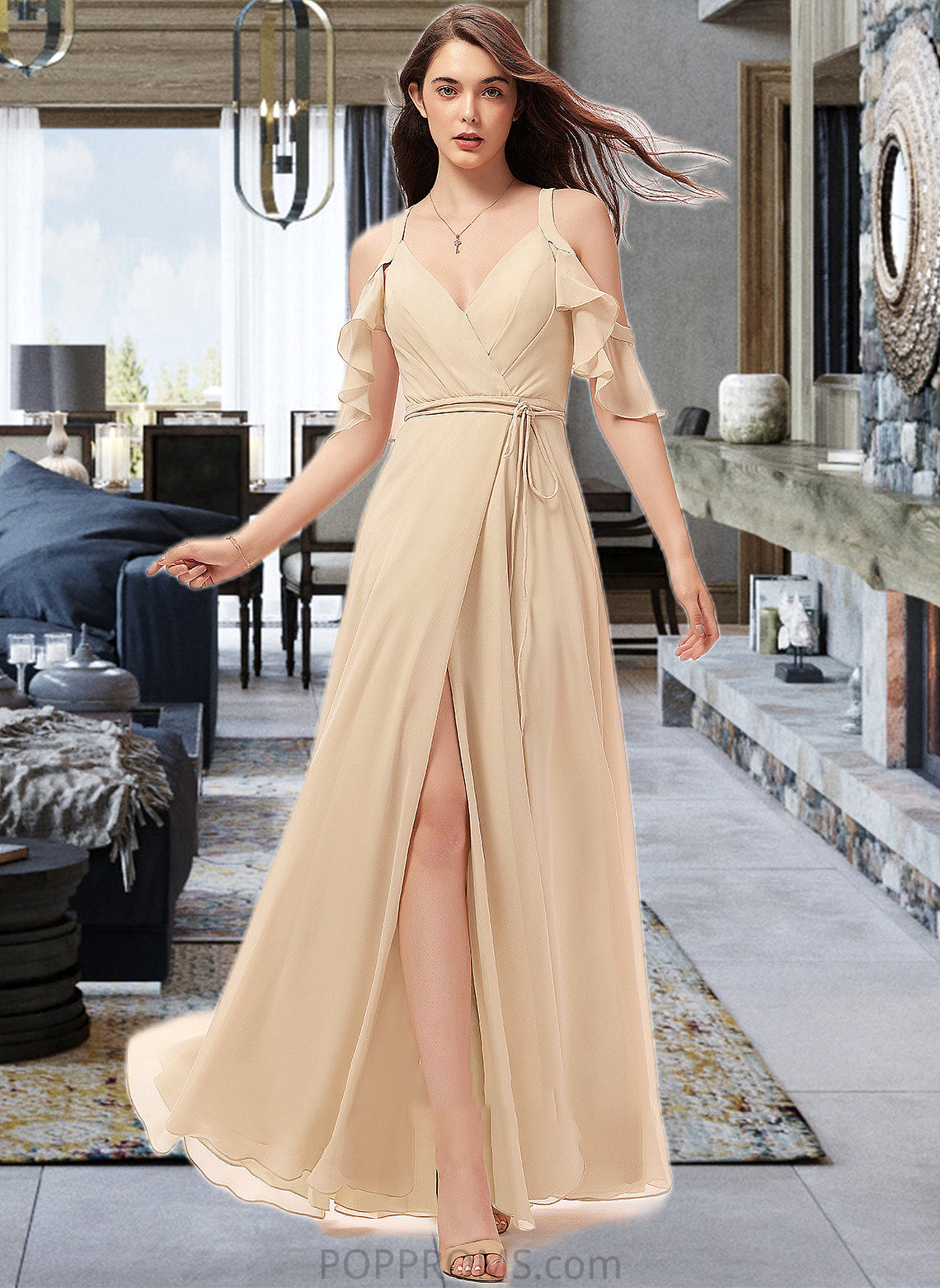 Abigail A-Line V-neck Floor-Length Chiffon Bridesmaid Dress With Ruffle Split Front PP6P0013267