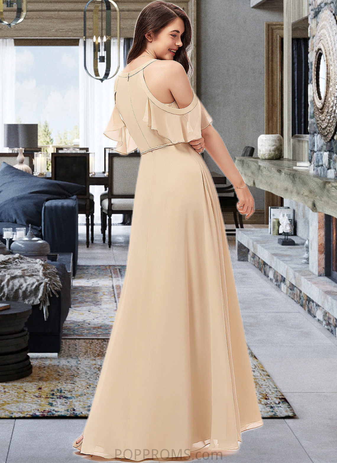 Abigail A-Line V-neck Floor-Length Chiffon Bridesmaid Dress With Ruffle Split Front PP6P0013267