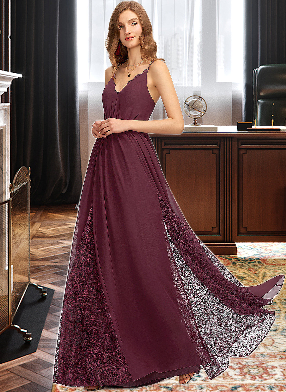 Abby A-Line V-neck Floor-Length Chiffon Lace Bridesmaid Dress PP6P0013268