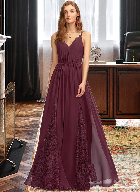 Abby A-Line V-neck Floor-Length Chiffon Lace Bridesmaid Dress PP6P0013268