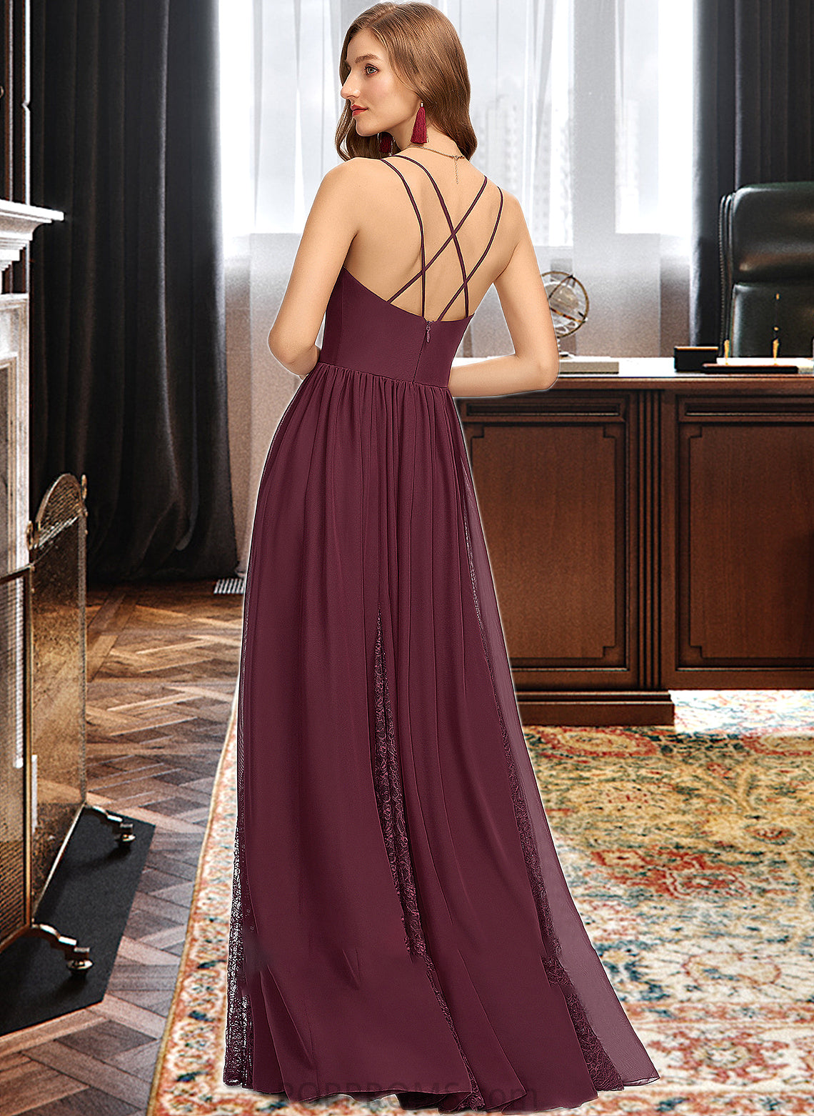 Abby A-Line V-neck Floor-Length Chiffon Lace Bridesmaid Dress PP6P0013268