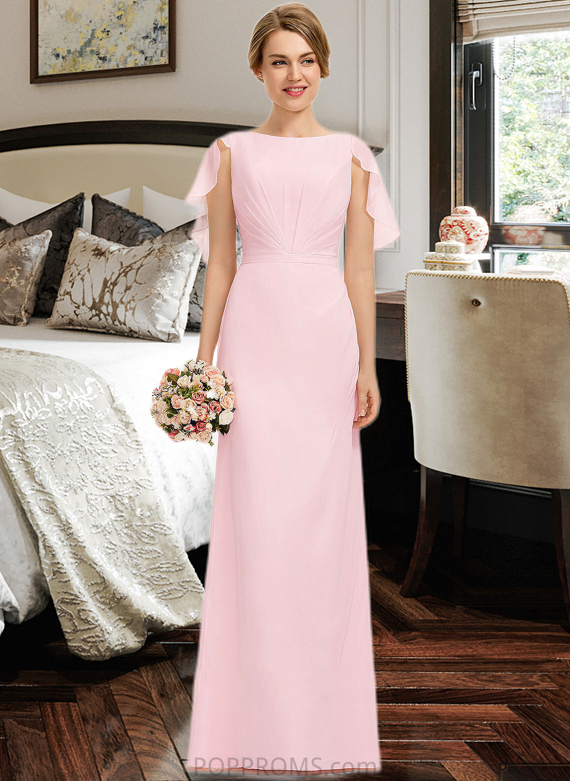 Corinne A-Line Scoop Neck Floor-Length Chiffon Bridesmaid Dress With Cascading Ruffles PP6P0013269