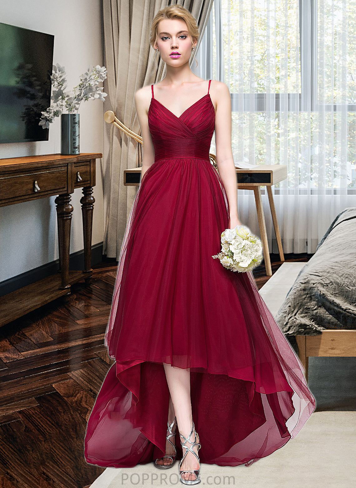 Tracy A-Line V-neck Asymmetrical Tulle Bridesmaid Dress PP6P0013270