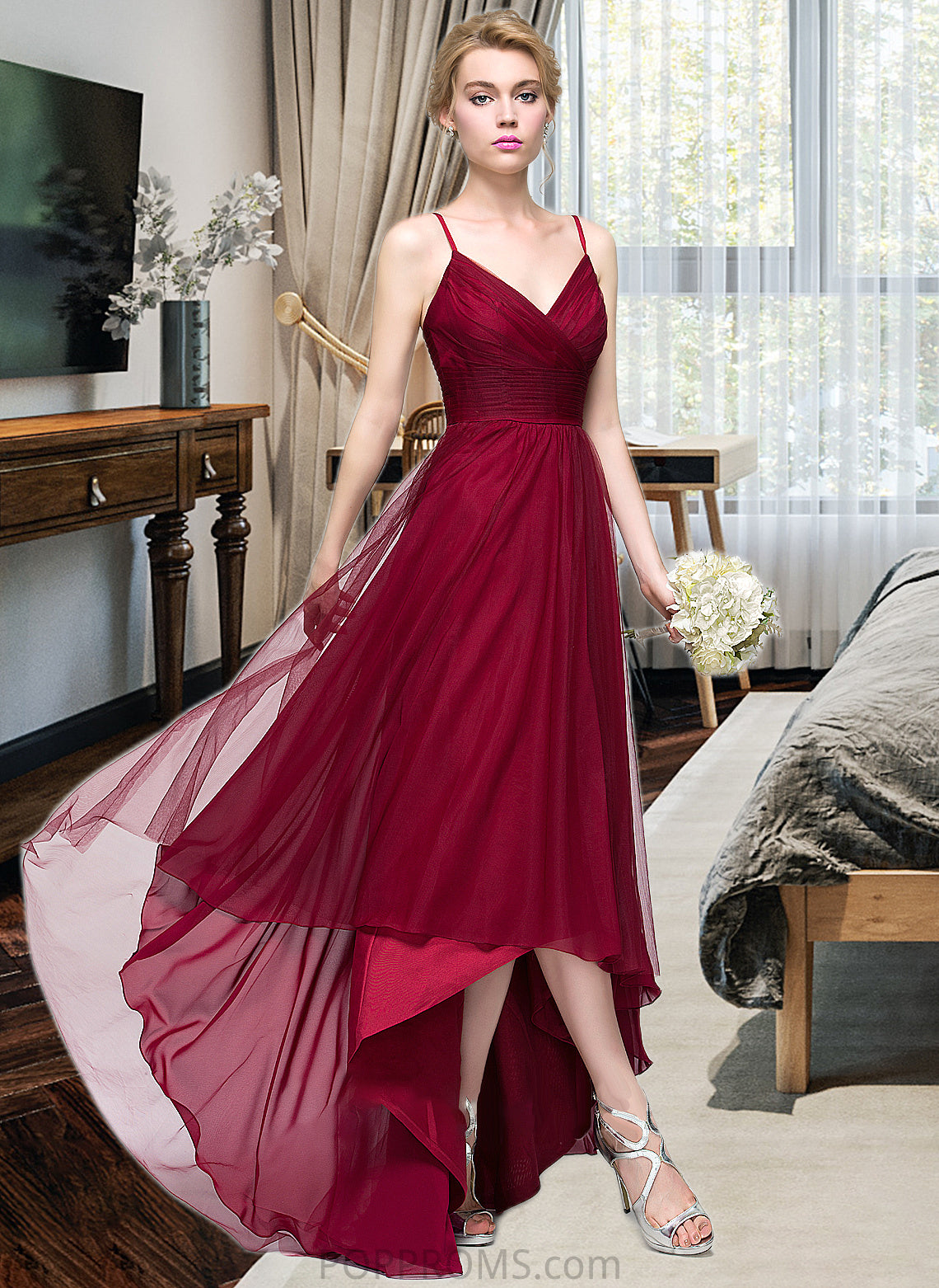 Tracy A-Line V-neck Asymmetrical Tulle Bridesmaid Dress PP6P0013270