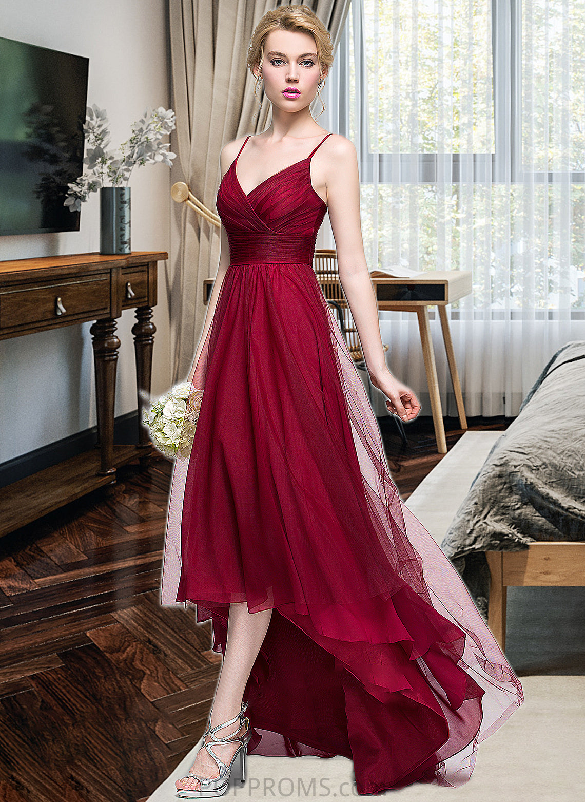 Tracy A-Line V-neck Asymmetrical Tulle Bridesmaid Dress PP6P0013270