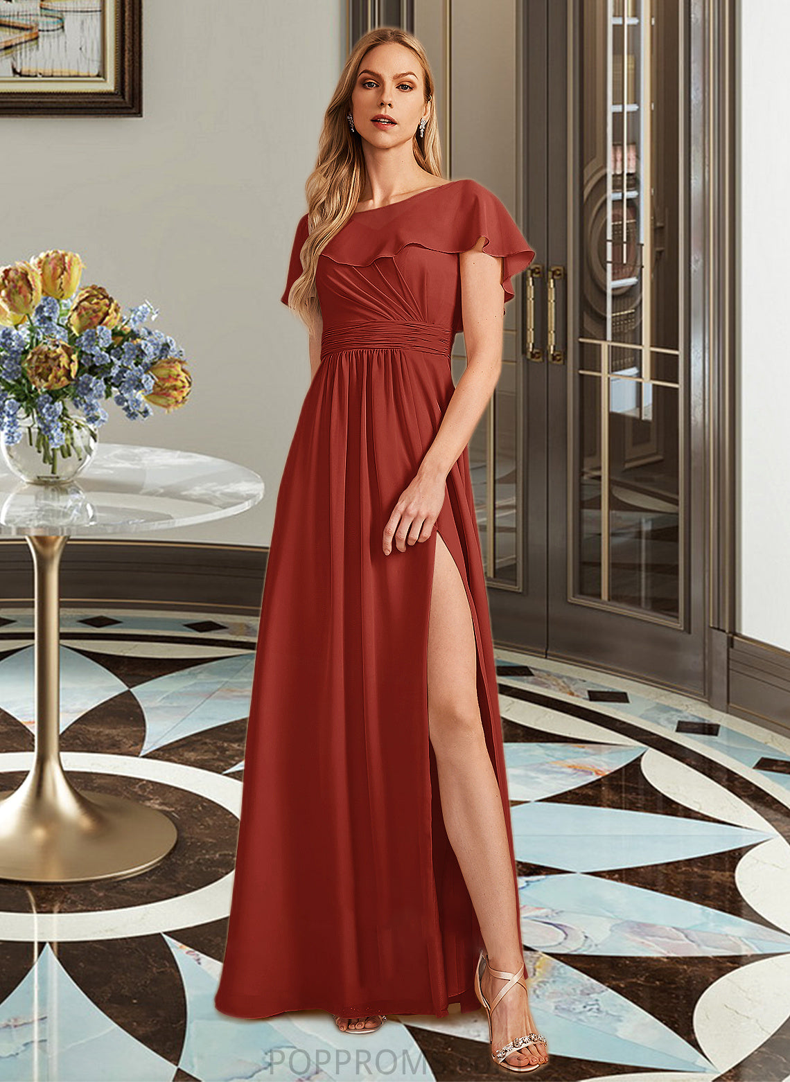 Miya A-Line High Neck Floor-Length Bridesmaid Dress With Ruffle Split Front PP6P0013271