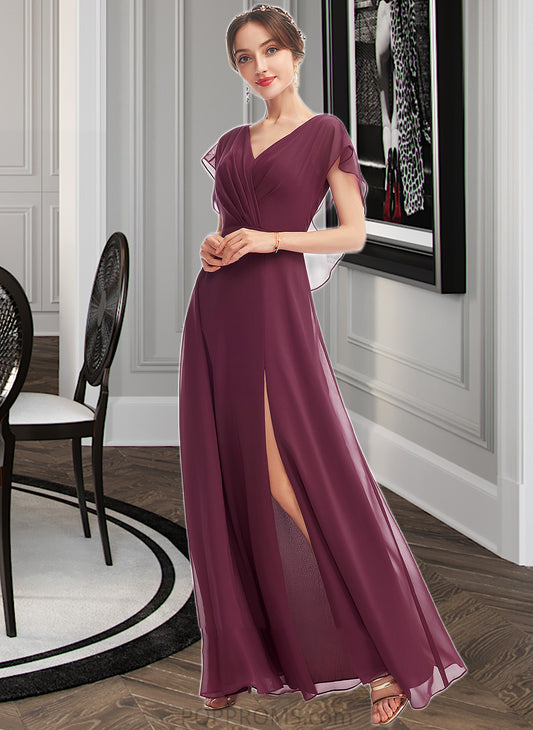 Aliana A-Line V-neck Floor-Length Bridesmaid Dress With Ruffle Split Front PP6P0013276