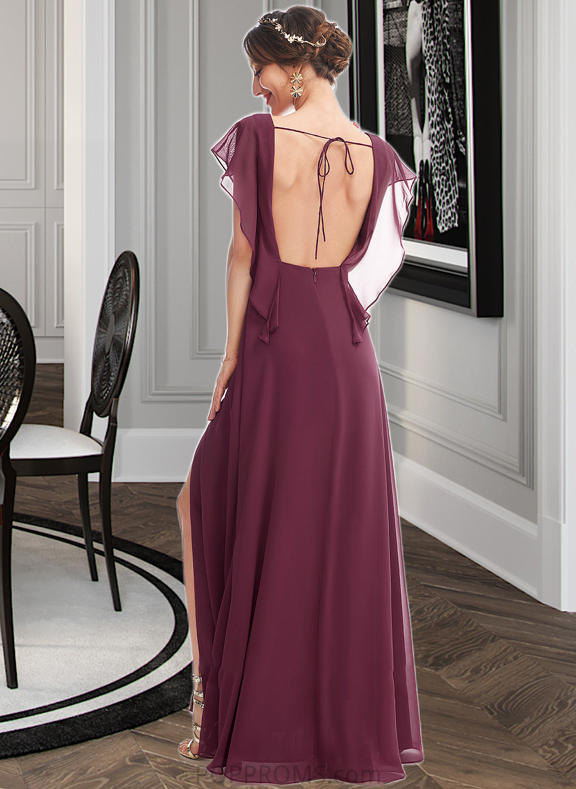 Aliana A-Line V-neck Floor-Length Bridesmaid Dress With Ruffle Split Front PP6P0013276