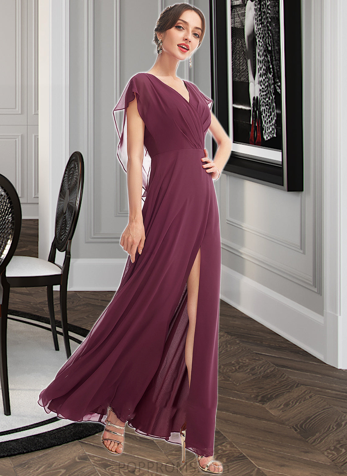 Aliana A-Line V-neck Floor-Length Bridesmaid Dress With Ruffle Split Front PP6P0013276