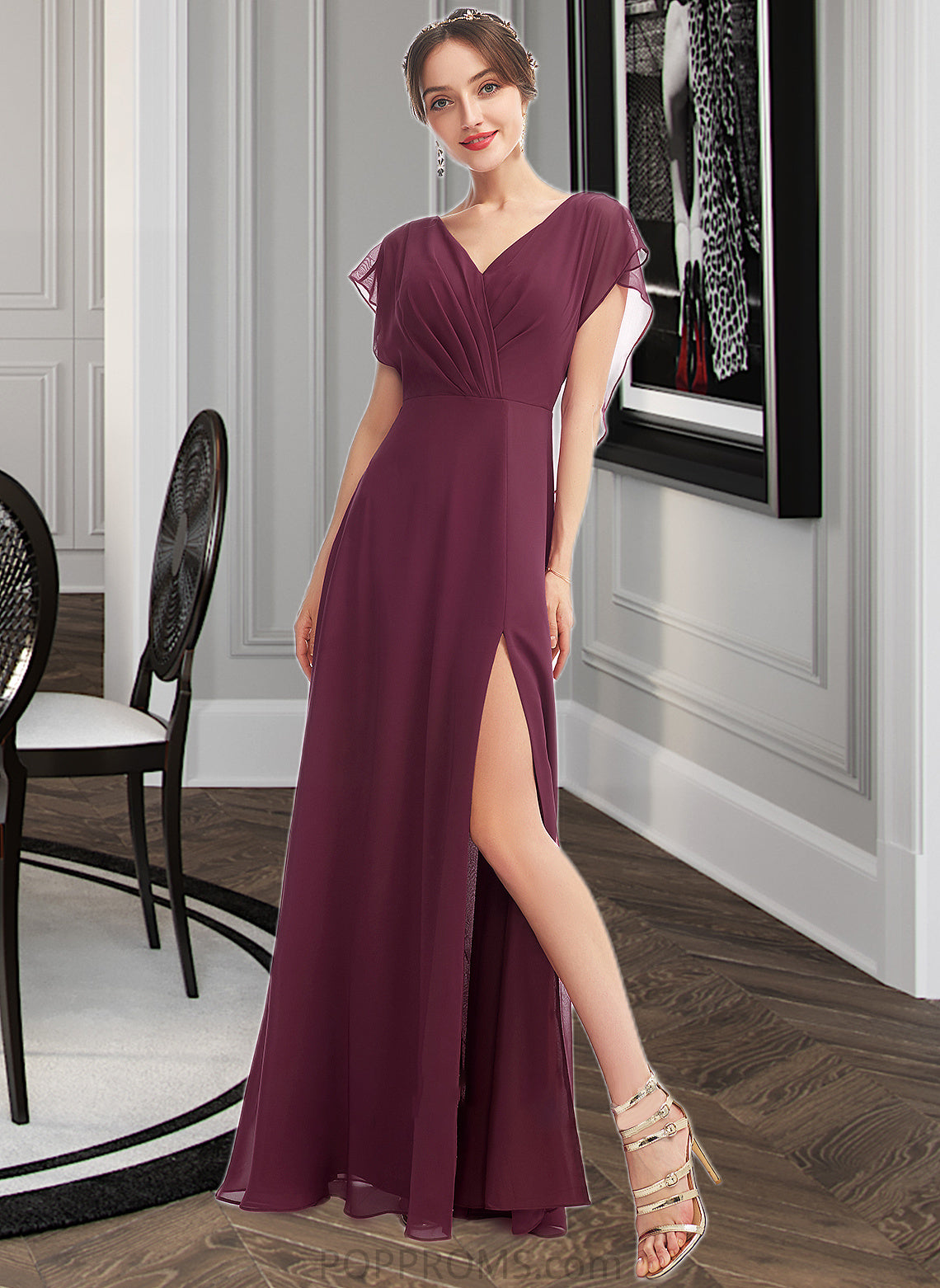 Aliana A-Line V-neck Floor-Length Bridesmaid Dress With Ruffle Split Front PP6P0013276