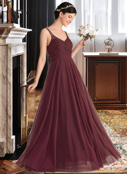 Sienna A-Line/Princess V-neck Floor-Length Tulle Lace Bridesmaid Dress PP6P0013295