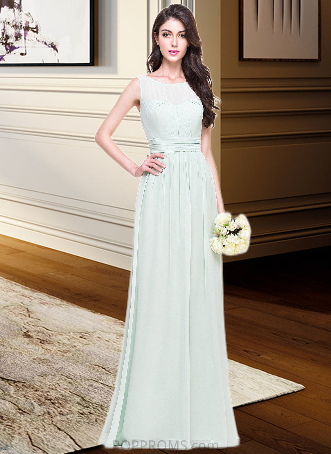 Lyric A-Line Scoop Neck Floor-Length Chiffon Bridesmaid Dress With Ruffle PP6P0013296