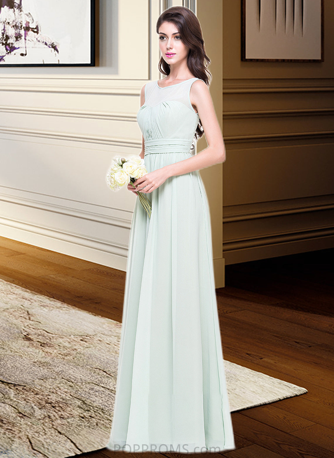 Lyric A-Line Scoop Neck Floor-Length Chiffon Bridesmaid Dress With Ruffle PP6P0013296