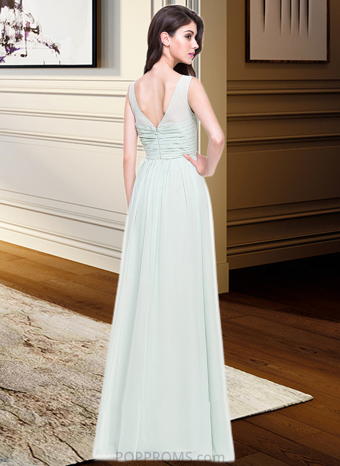 Lyric A-Line Scoop Neck Floor-Length Chiffon Bridesmaid Dress With Ruffle PP6P0013296