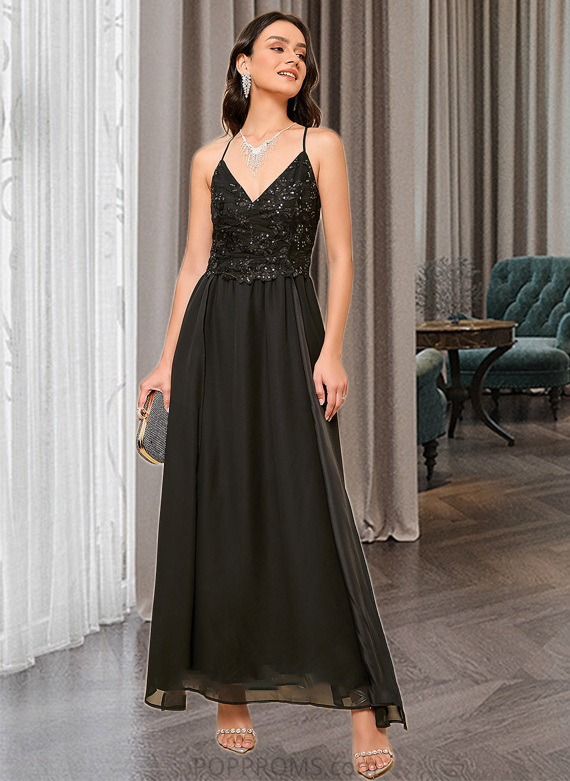 Paloma A-LineV-neckAnkle-LengthBridesmaidDressWithSequinsSplitFront#273658 PP6P0013298