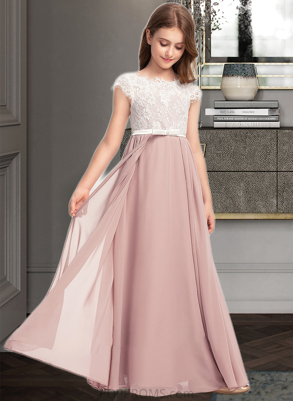 Katelynn A-Line Scoop Neck Floor-Length Chiffon Lace Junior Bridesmaid Dress With Bow(s) PP6P0013305