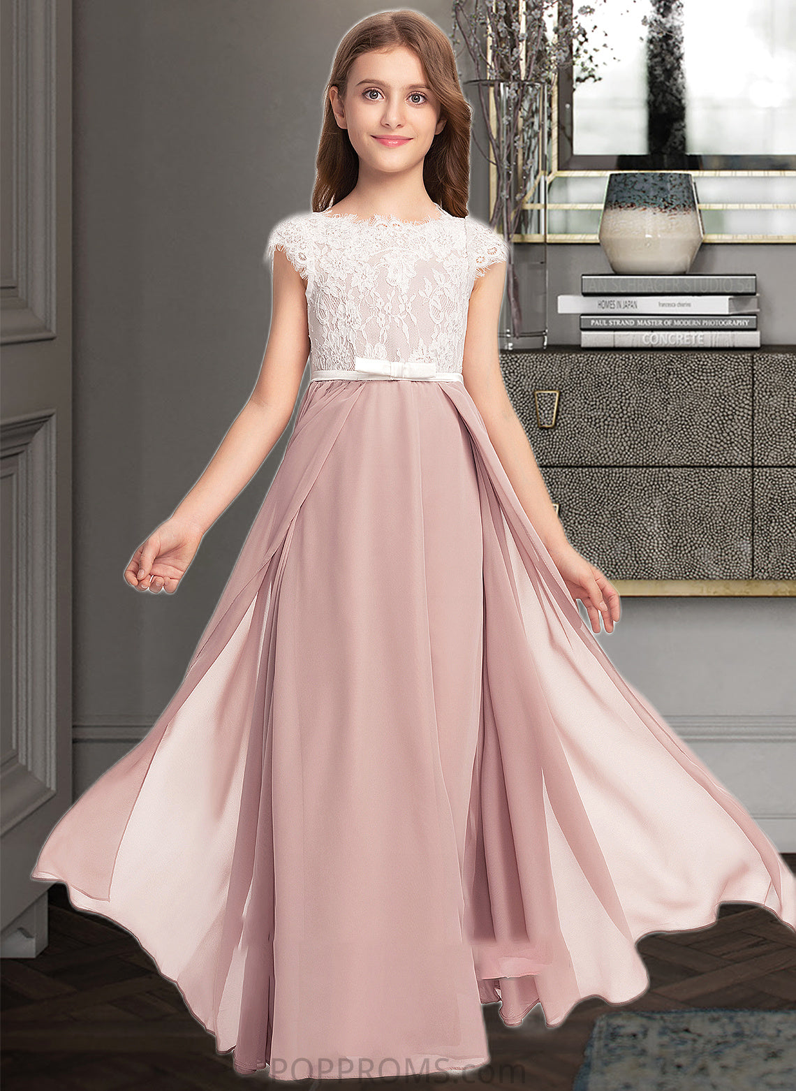 Katelynn A-Line Scoop Neck Floor-Length Chiffon Lace Junior Bridesmaid Dress With Bow(s) PP6P0013305