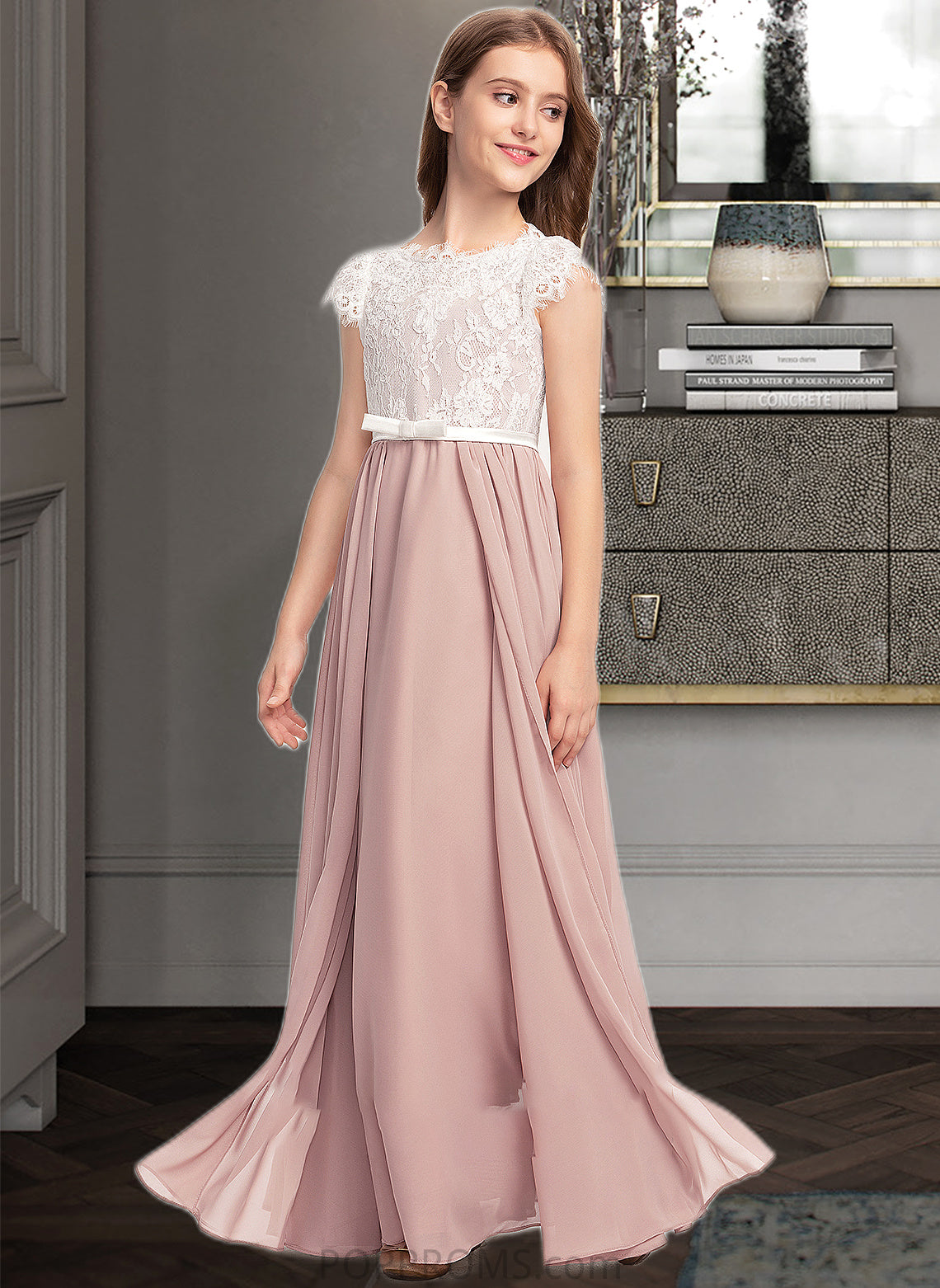 Katelynn A-Line Scoop Neck Floor-Length Chiffon Lace Junior Bridesmaid Dress With Bow(s) PP6P0013305