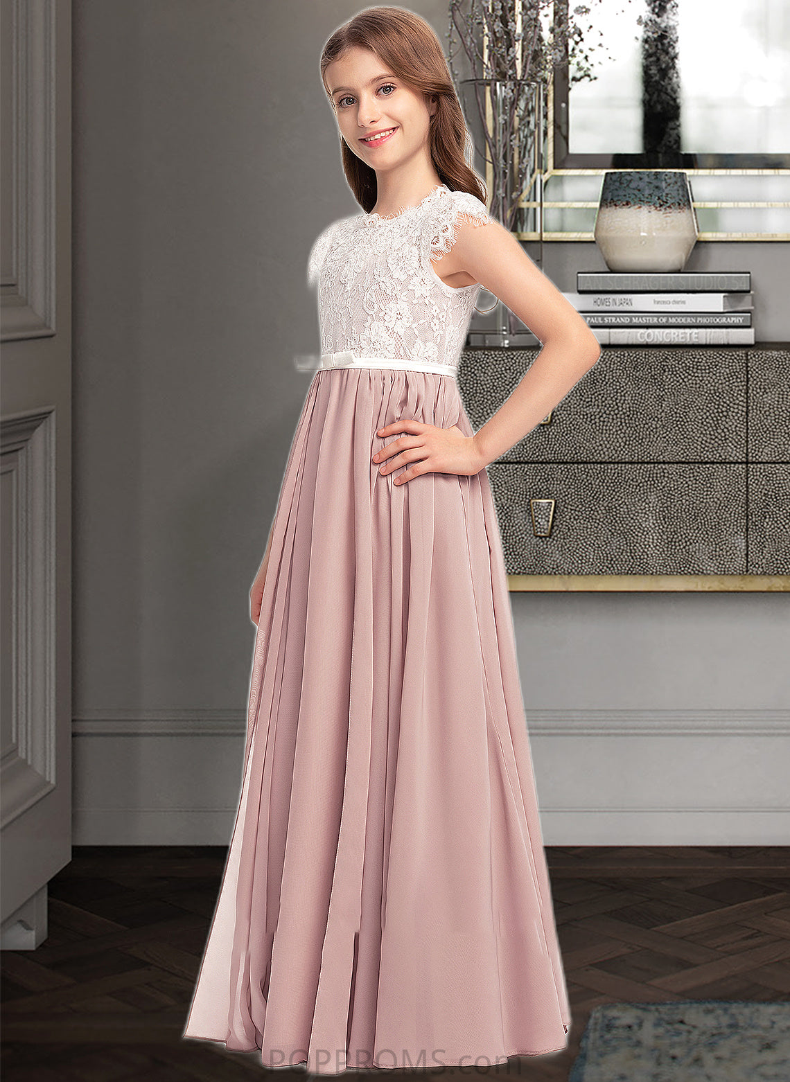 Katelynn A-Line Scoop Neck Floor-Length Chiffon Lace Junior Bridesmaid Dress With Bow(s) PP6P0013305