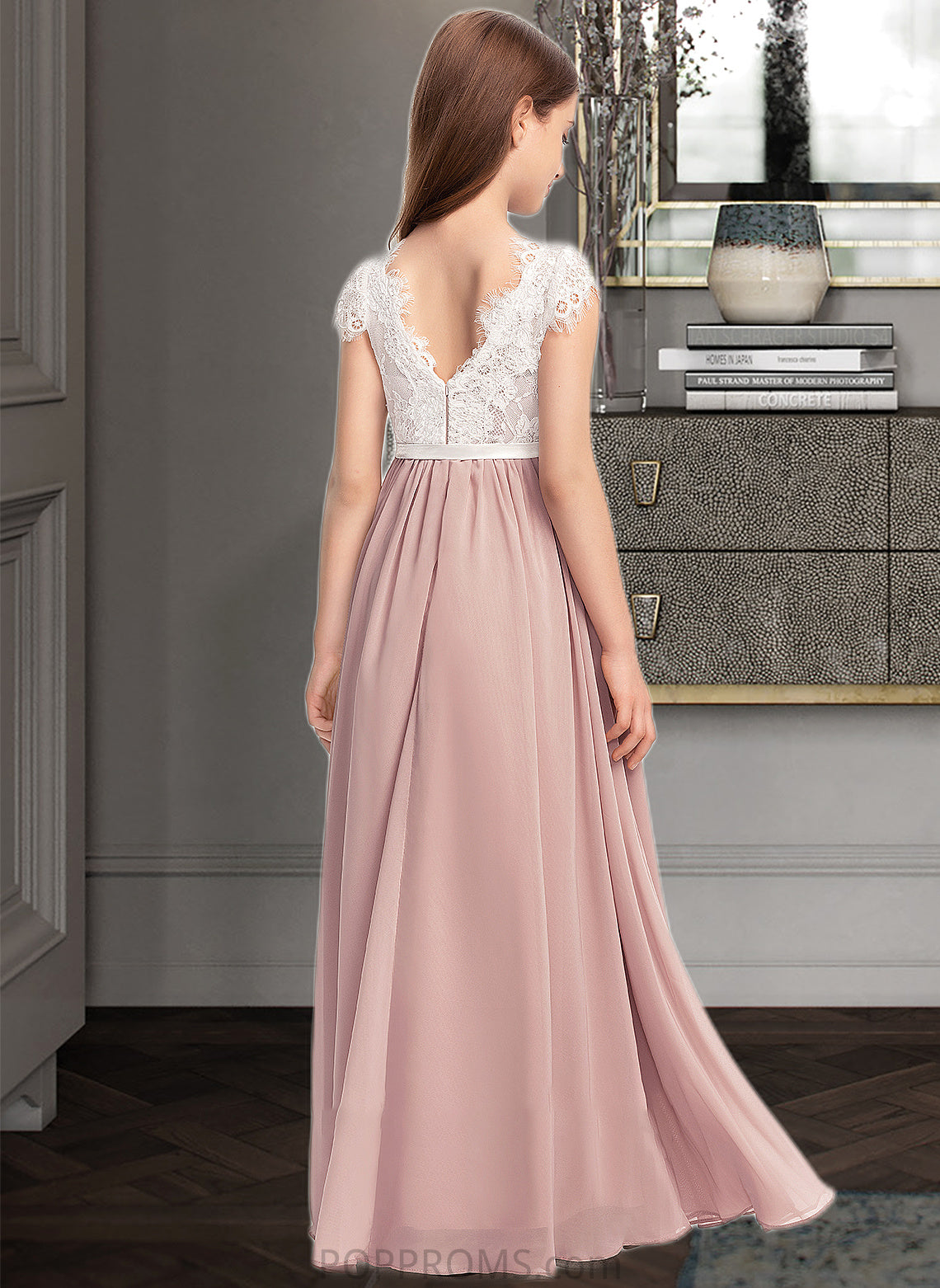 Katelynn A-Line Scoop Neck Floor-Length Chiffon Lace Junior Bridesmaid Dress With Bow(s) PP6P0013305