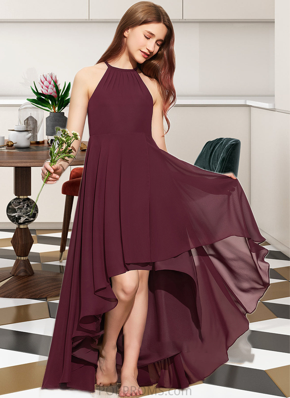 Catalina A-Line Scoop Neck Asymmetrical Chiffon Junior Bridesmaid Dress With Ruffle PP6P0013306