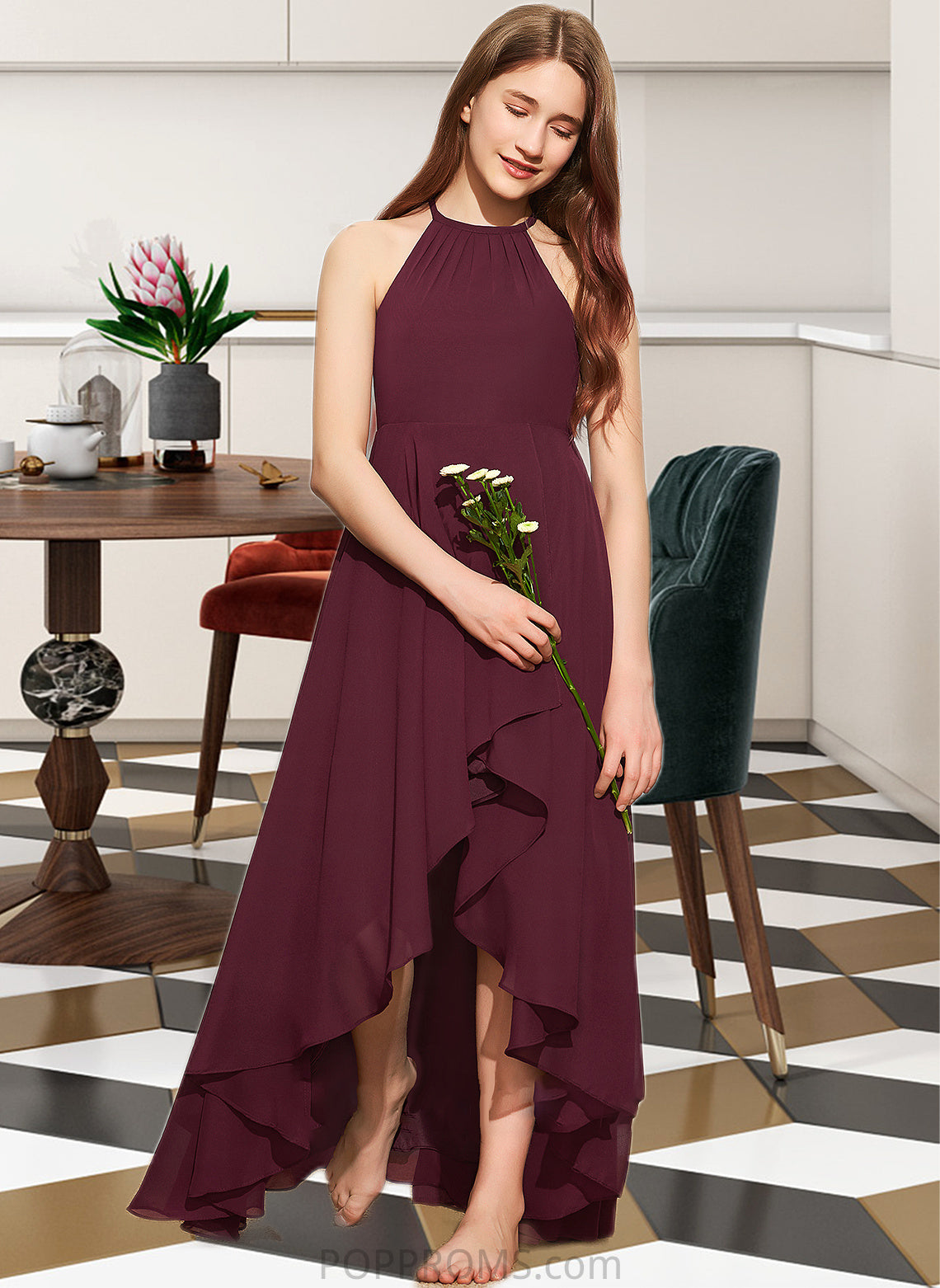 Catalina A-Line Scoop Neck Asymmetrical Chiffon Junior Bridesmaid Dress With Ruffle PP6P0013306