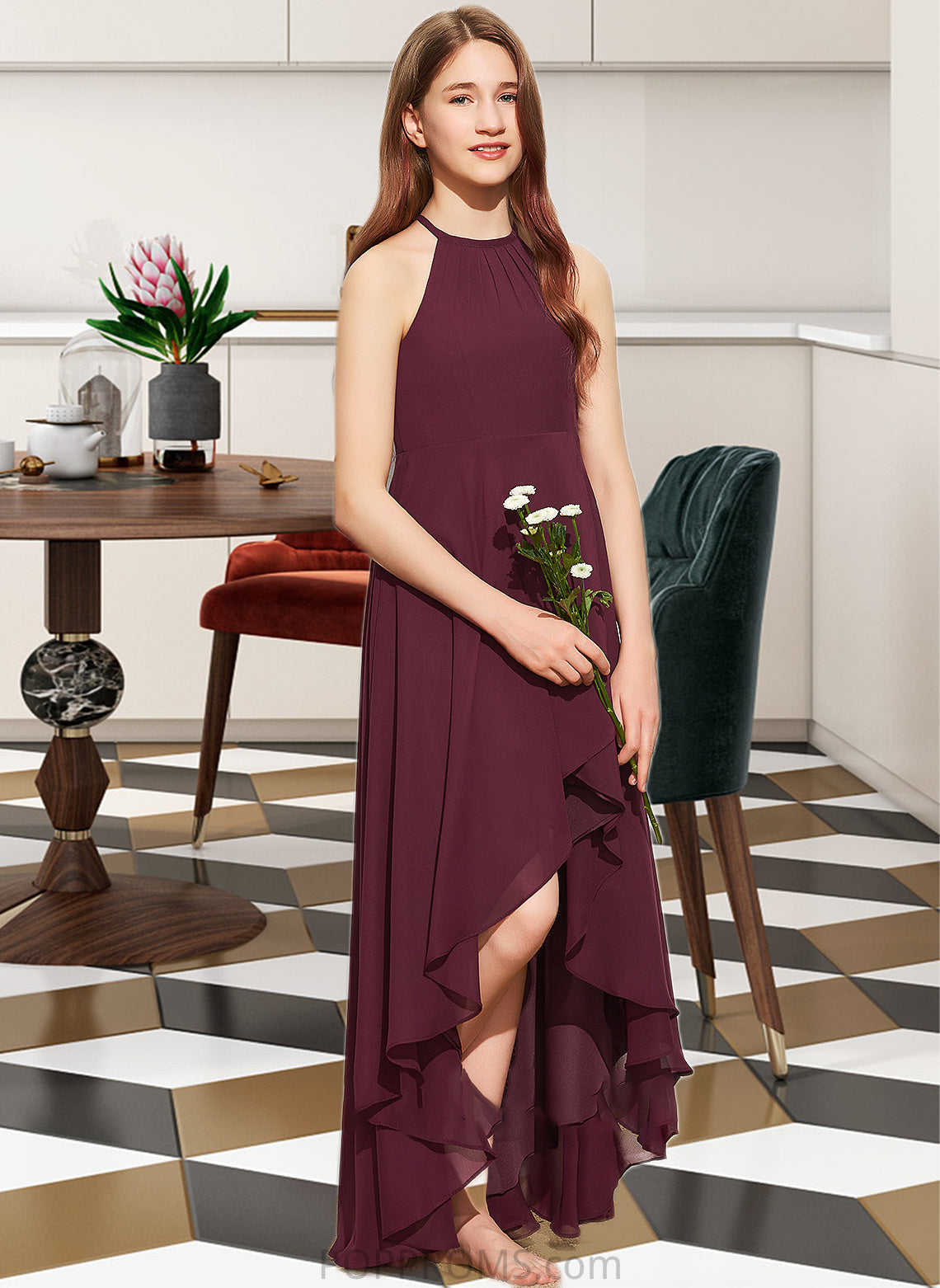 Catalina A-Line Scoop Neck Asymmetrical Chiffon Junior Bridesmaid Dress With Ruffle PP6P0013306