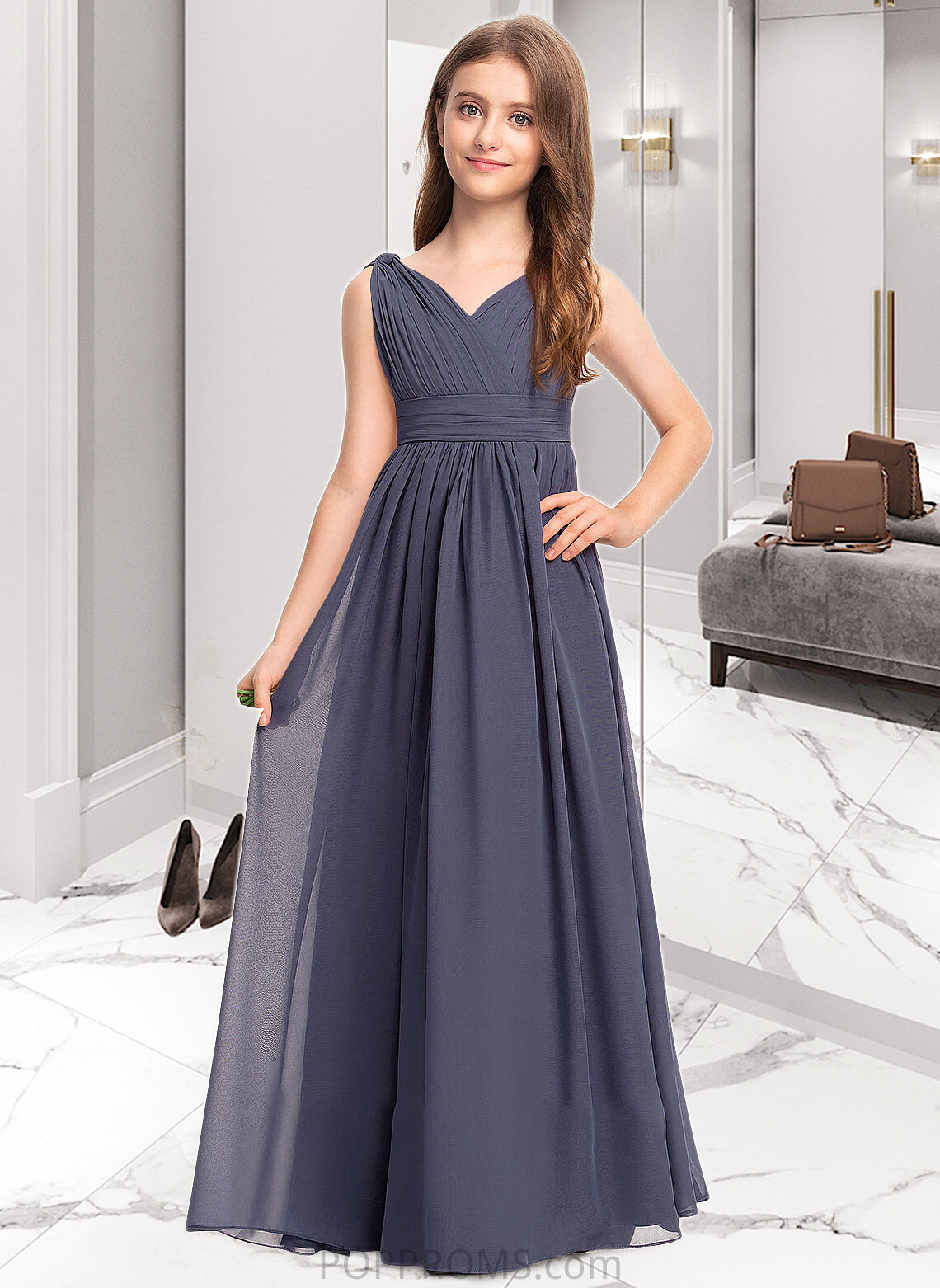 Shannon A-Line V-neck Floor-Length Chiffon Junior Bridesmaid Dress With Ruffle PP6P0013307