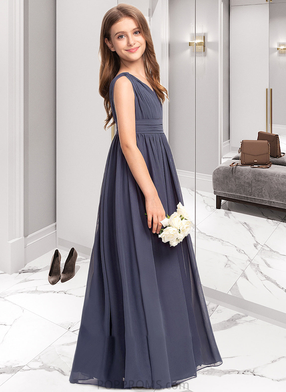 Shannon A-Line V-neck Floor-Length Chiffon Junior Bridesmaid Dress With Ruffle PP6P0013307