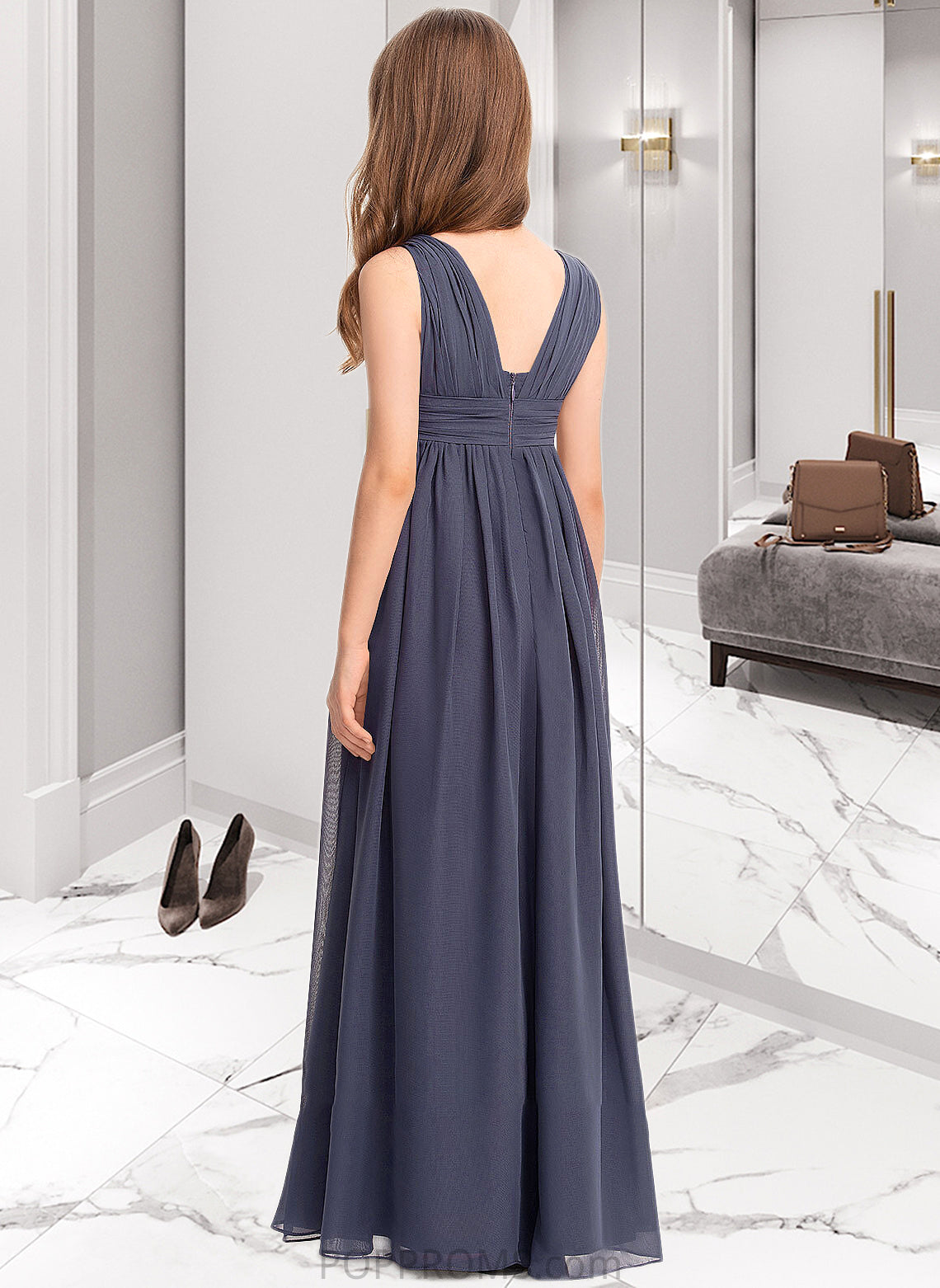 Shannon A-Line V-neck Floor-Length Chiffon Junior Bridesmaid Dress With Ruffle PP6P0013307