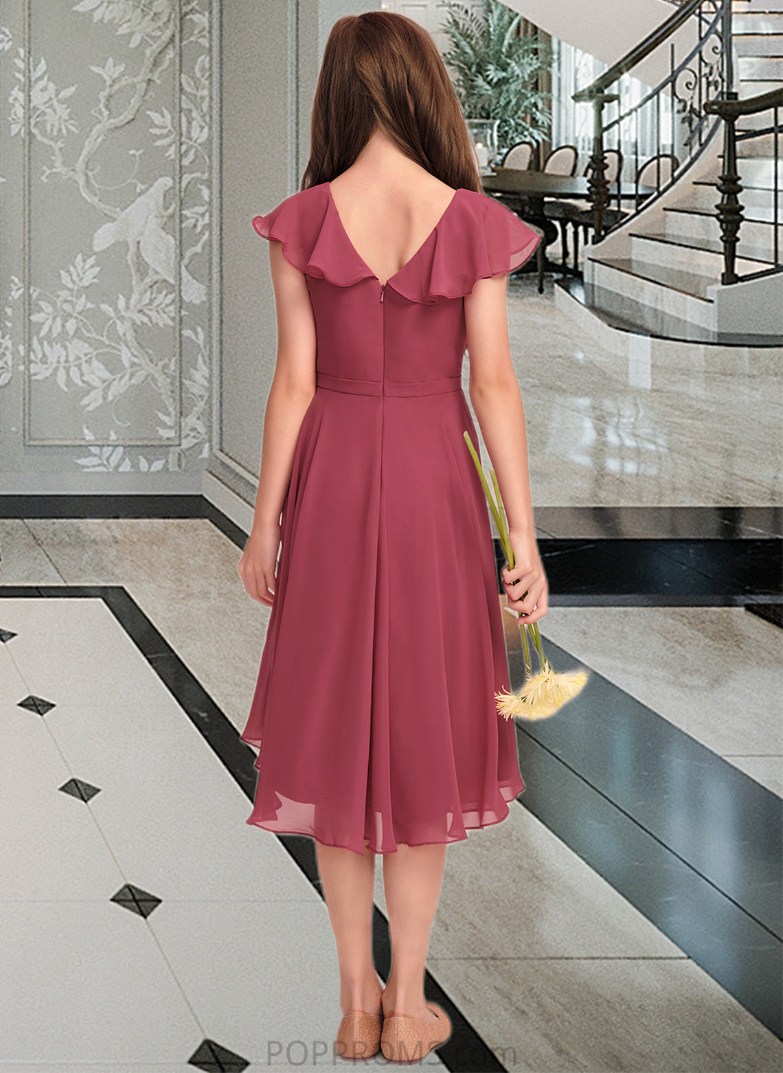 Aryana A-Line V-neck Asymmetrical Chiffon Junior Bridesmaid Dress With Cascading Ruffles PP6P0013309