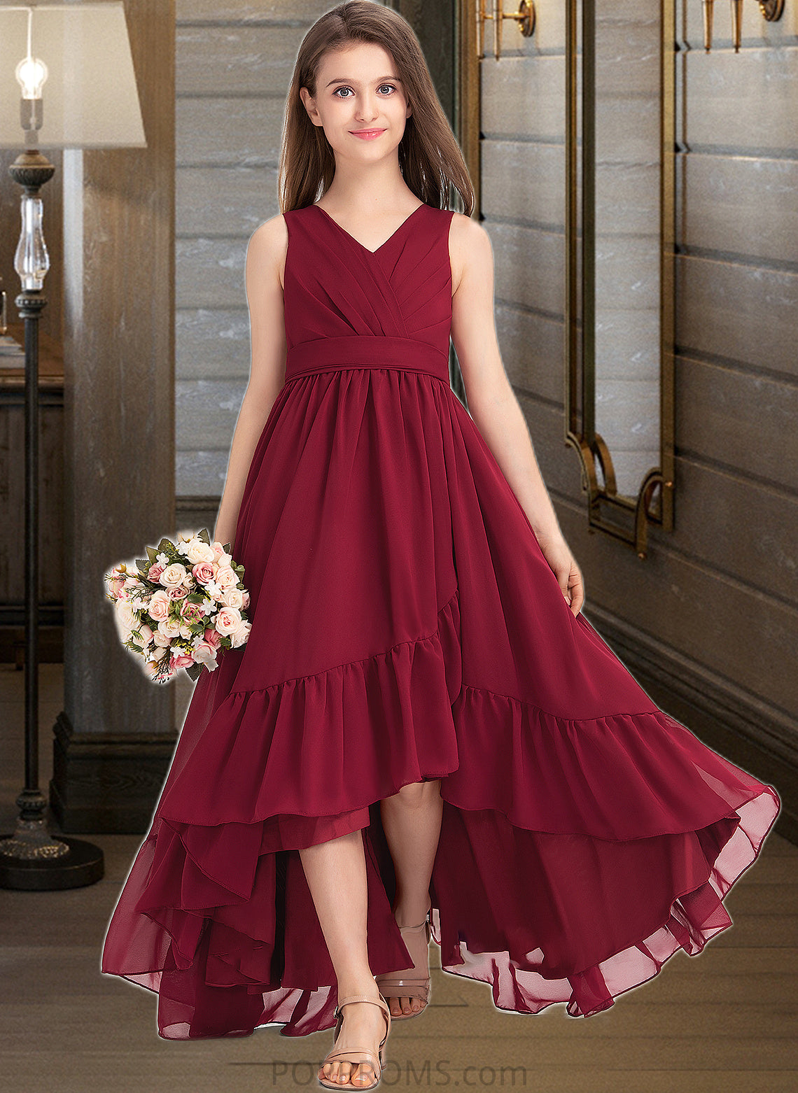 Cheryl A-Line V-neck Asymmetrical Chiffon Junior Bridesmaid Dress With Bow(s) Cascading Ruffles PP6P0013310