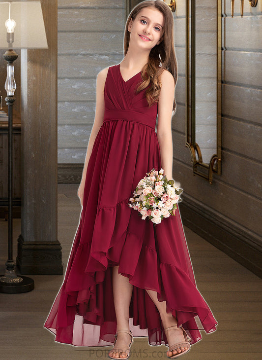 Cheryl A-Line V-neck Asymmetrical Chiffon Junior Bridesmaid Dress With Bow(s) Cascading Ruffles PP6P0013310