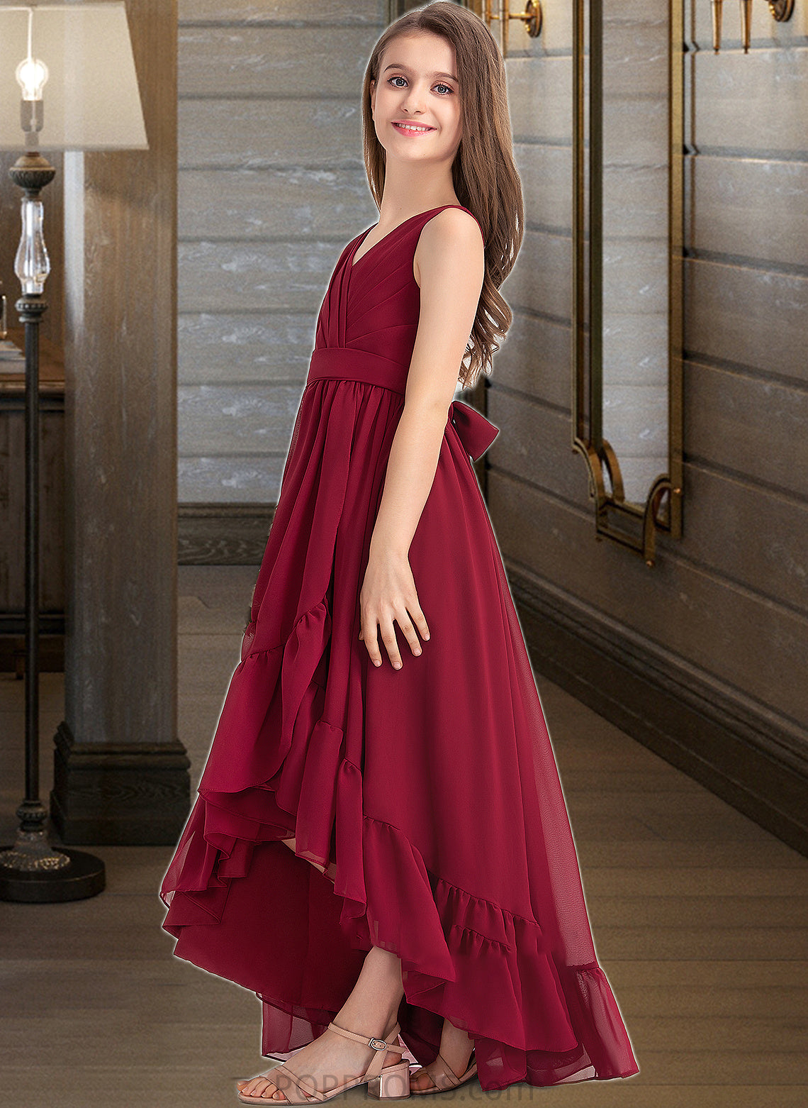 Cheryl A-Line V-neck Asymmetrical Chiffon Junior Bridesmaid Dress With Bow(s) Cascading Ruffles PP6P0013310