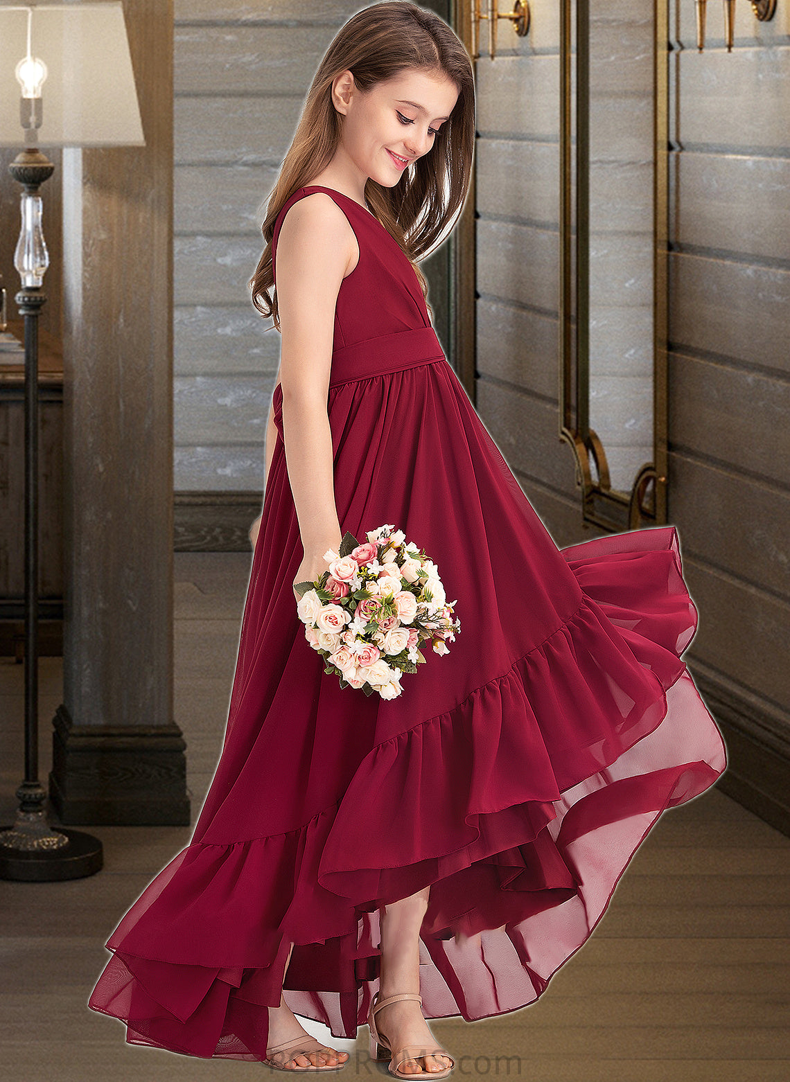 Cheryl A-Line V-neck Asymmetrical Chiffon Junior Bridesmaid Dress With Bow(s) Cascading Ruffles PP6P0013310