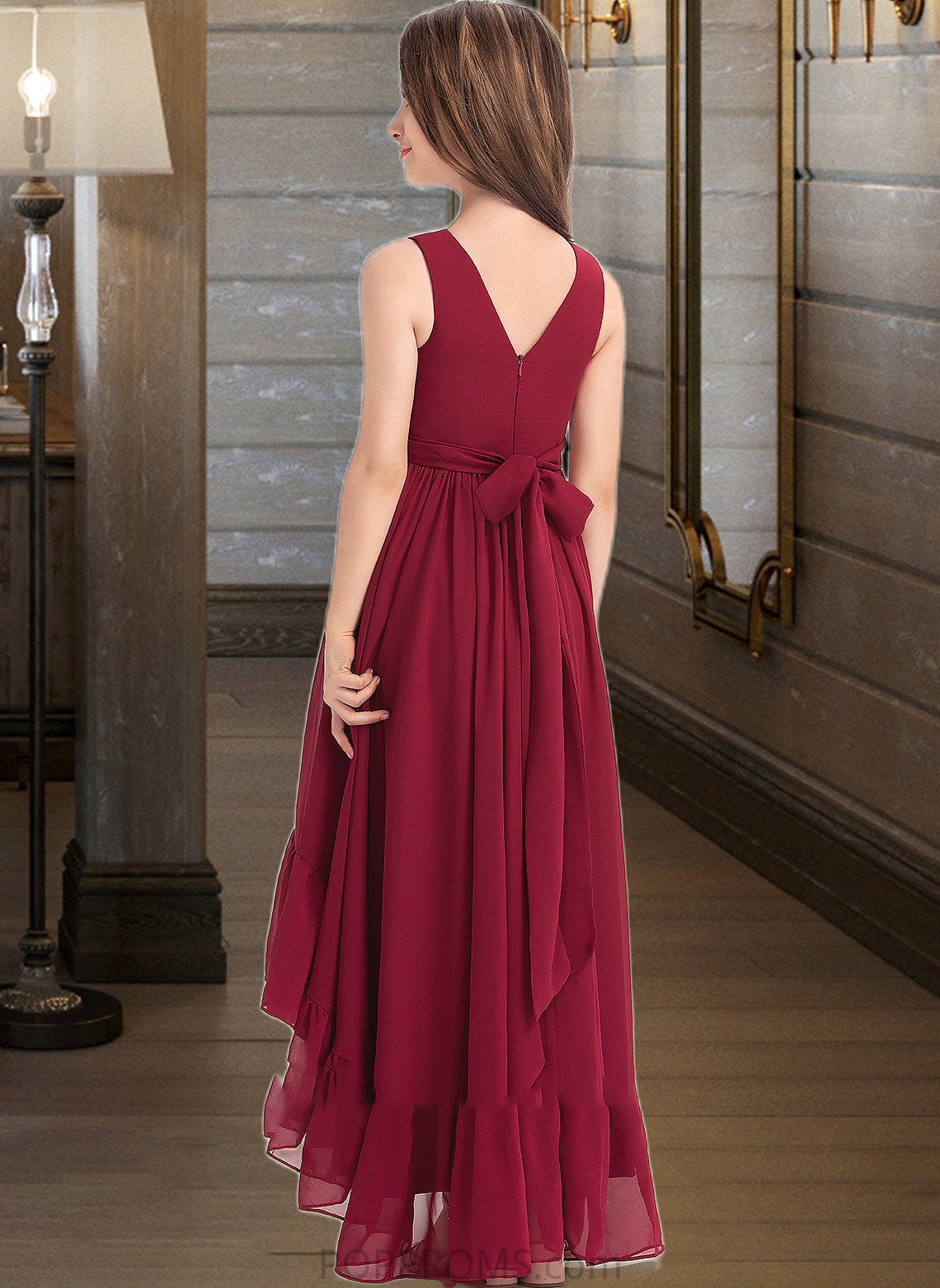 Cheryl A-Line V-neck Asymmetrical Chiffon Junior Bridesmaid Dress With Bow(s) Cascading Ruffles PP6P0013310