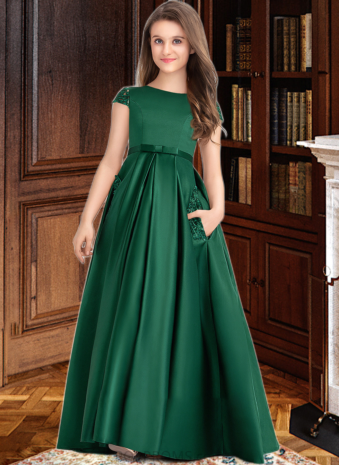 Yasmin Ball-Gown/Princess Scoop Neck Floor-Length Satin Lace Junior Bridesmaid Dress With Bow(s) Pockets PP6P0013311