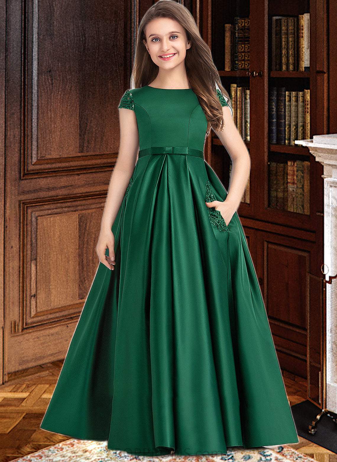 Yasmin Ball-Gown/Princess Scoop Neck Floor-Length Satin Lace Junior Bridesmaid Dress With Bow(s) Pockets PP6P0013311