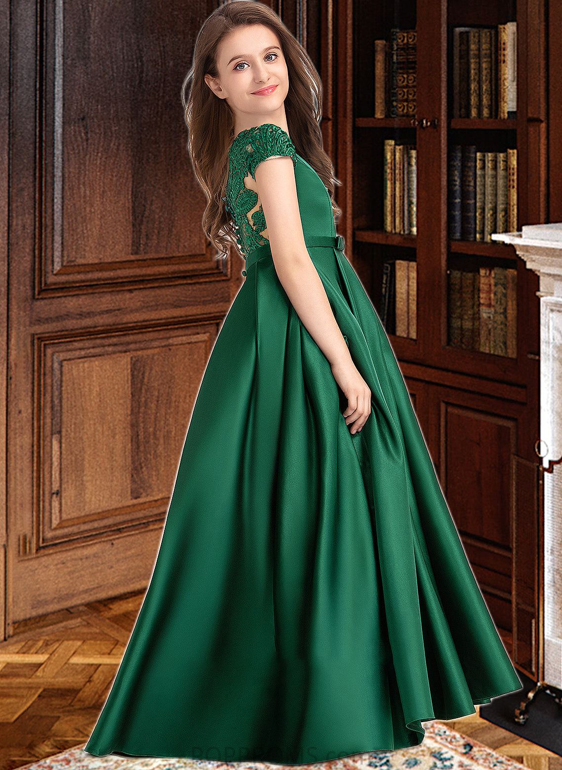 Yasmin Ball-Gown/Princess Scoop Neck Floor-Length Satin Lace Junior Bridesmaid Dress With Bow(s) Pockets PP6P0013311