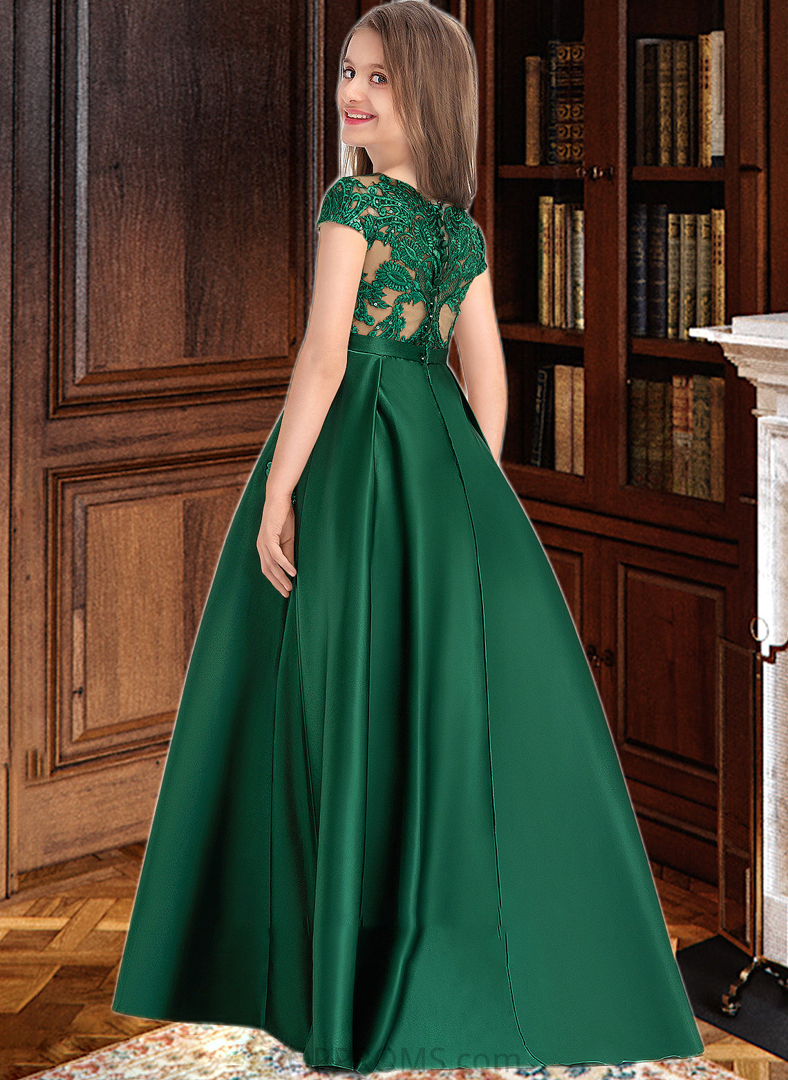 Yasmin Ball-Gown/Princess Scoop Neck Floor-Length Satin Lace Junior Bridesmaid Dress With Bow(s) Pockets PP6P0013311