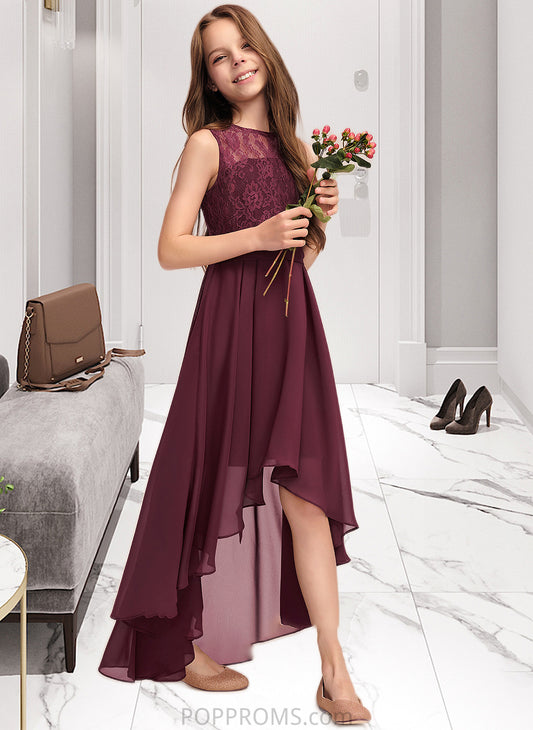 Kiara A-Line Scoop Neck Asymmetrical Chiffon Lace Junior Bridesmaid Dress With Bow(s) PP6P0013312