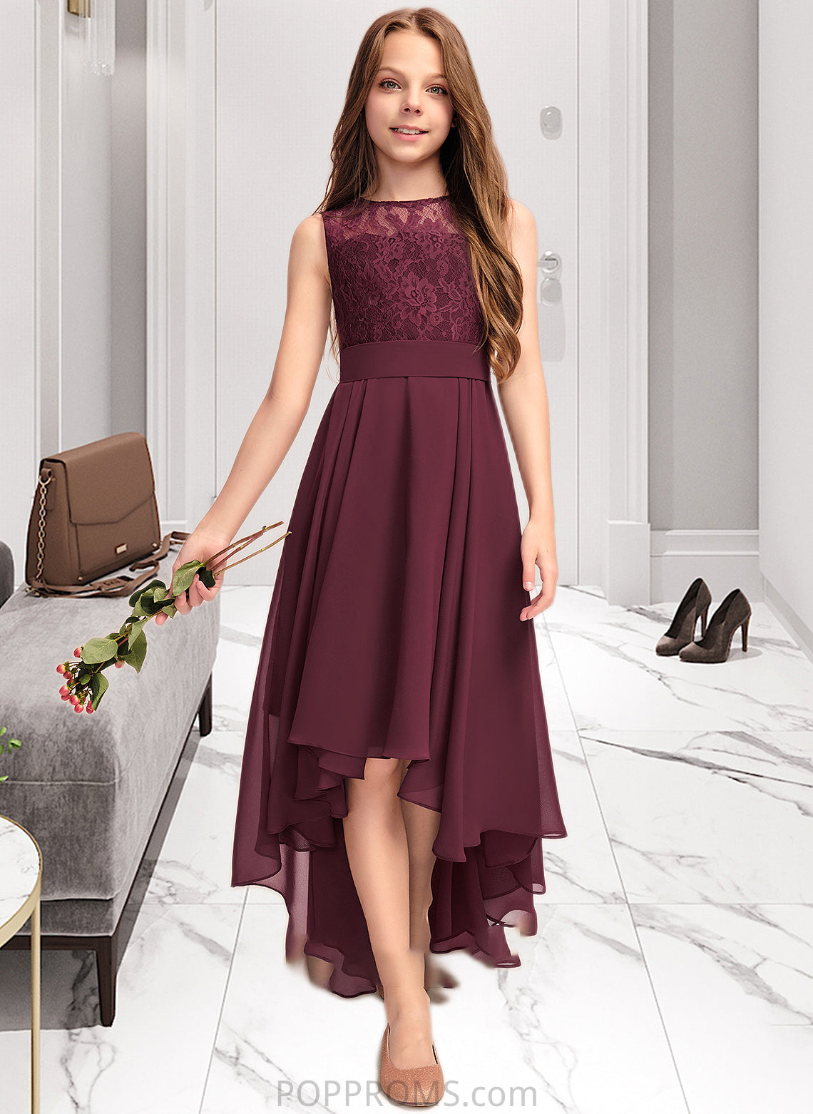 Kiara A-Line Scoop Neck Asymmetrical Chiffon Lace Junior Bridesmaid Dress With Bow(s) PP6P0013312