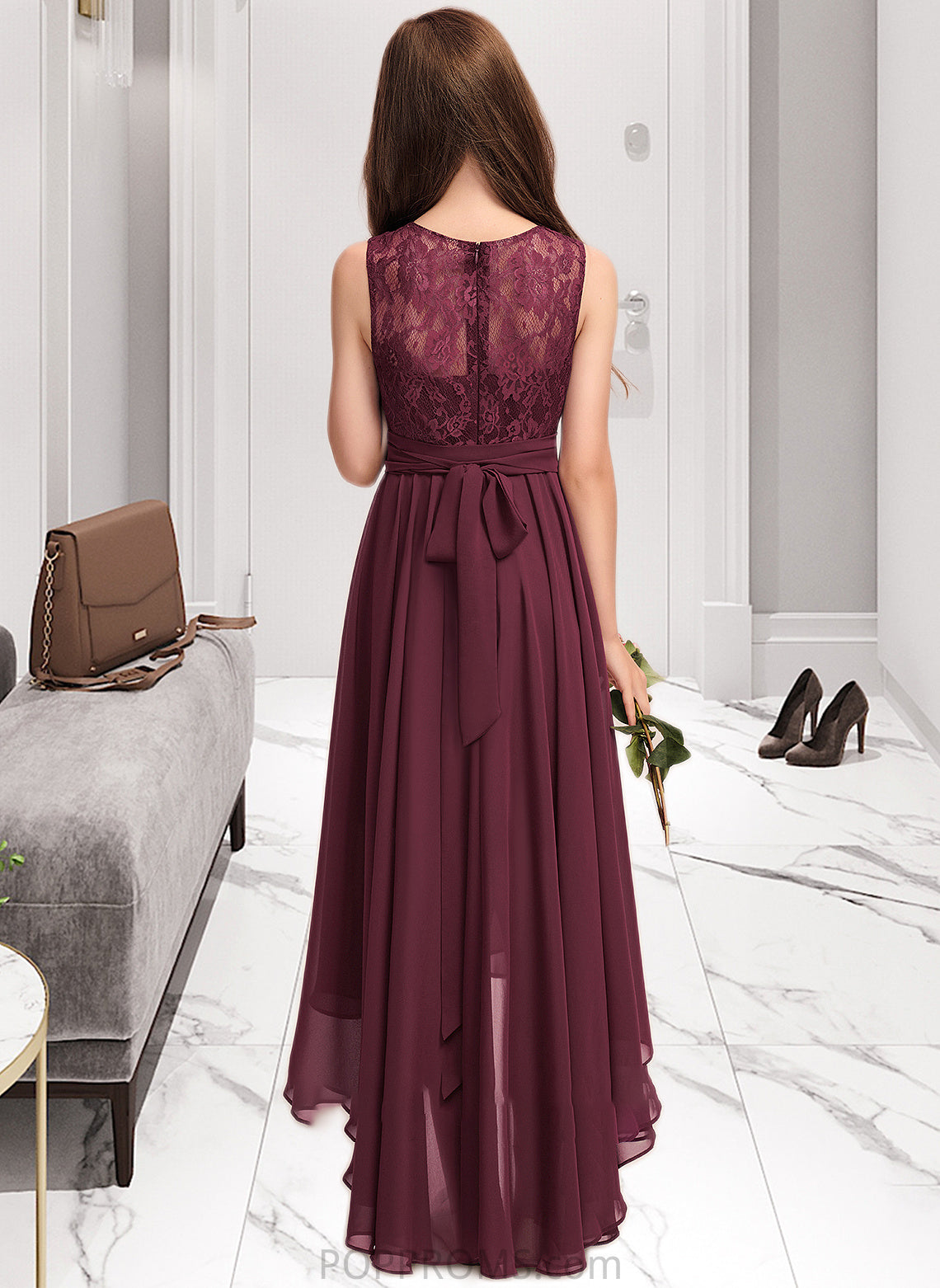 Kiara A-Line Scoop Neck Asymmetrical Chiffon Lace Junior Bridesmaid Dress With Bow(s) PP6P0013312