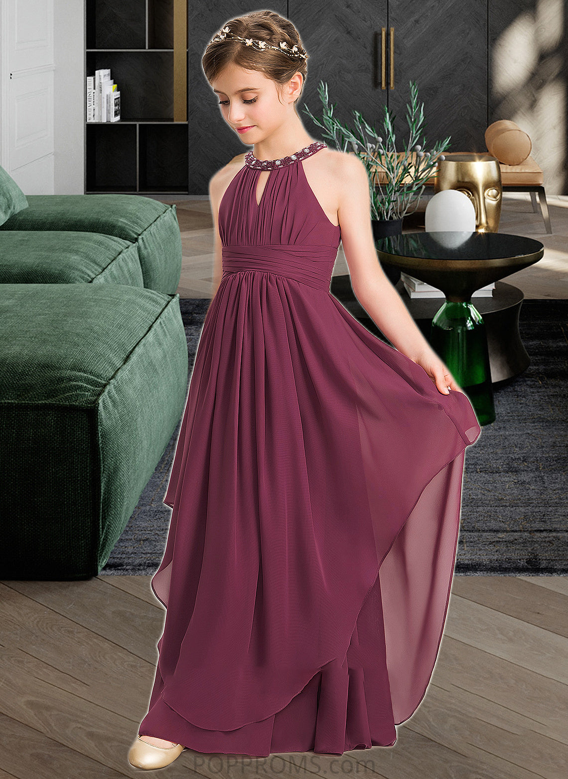 Winifred A-Line Scoop Neck Floor-Length Chiffon Junior Bridesmaid Dress With Ruffle Beading PP6P0013313