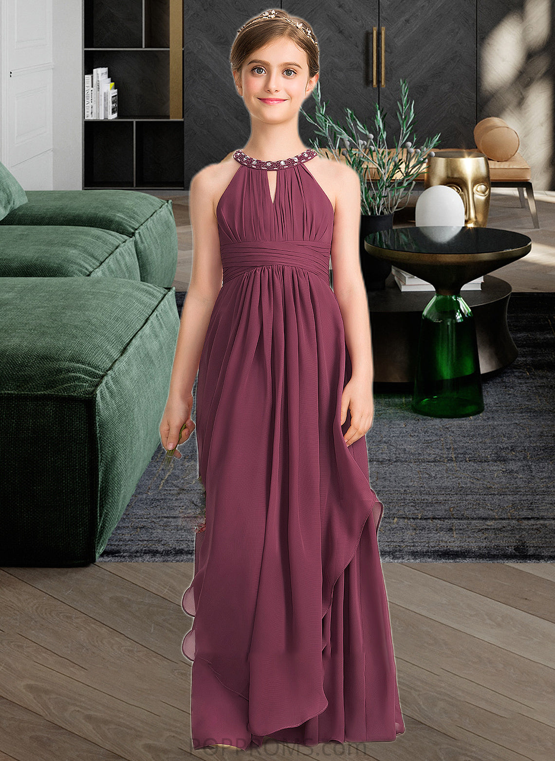 Winifred A-Line Scoop Neck Floor-Length Chiffon Junior Bridesmaid Dress With Ruffle Beading PP6P0013313