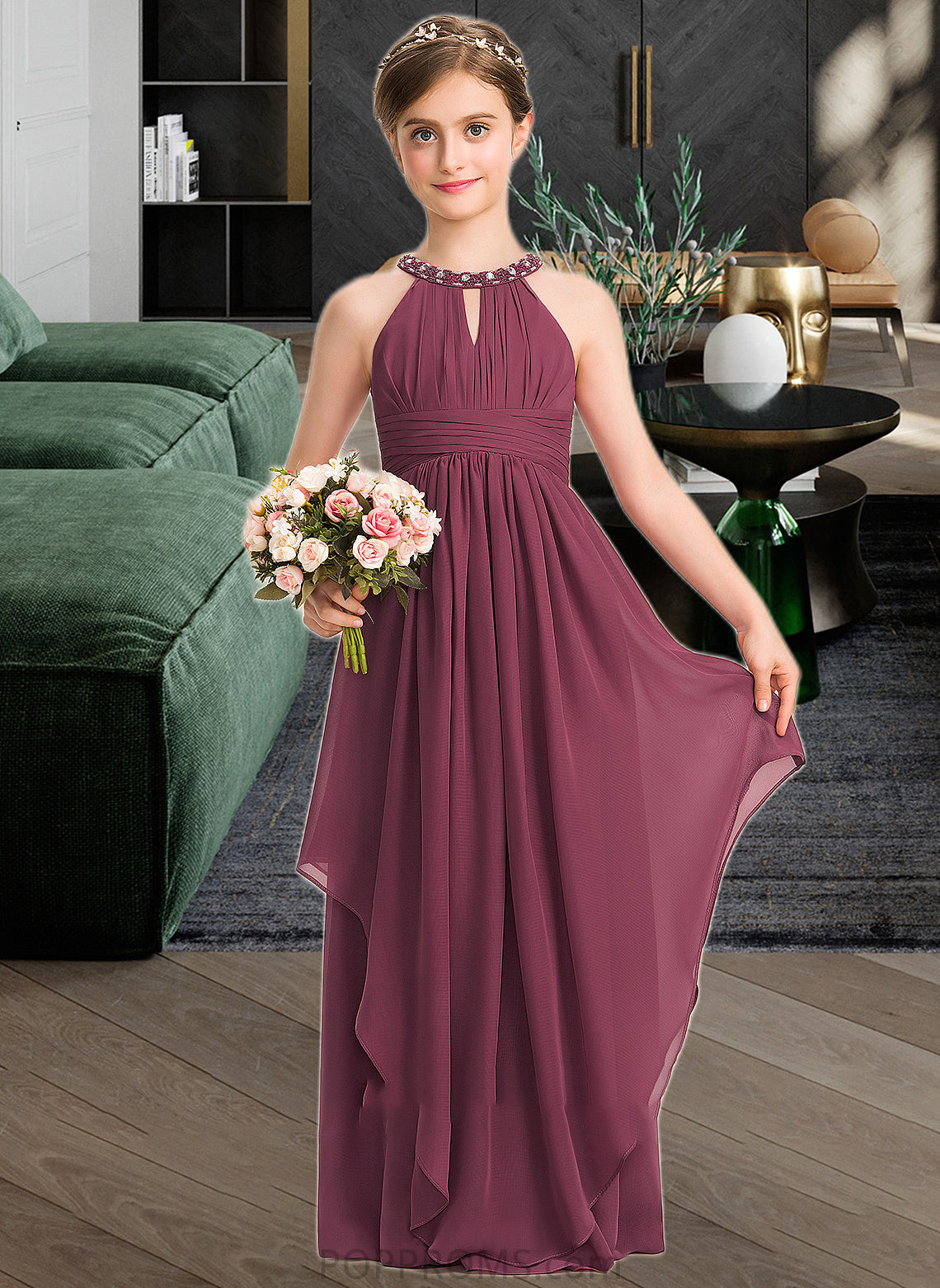 Winifred A-Line Scoop Neck Floor-Length Chiffon Junior Bridesmaid Dress With Ruffle Beading PP6P0013313